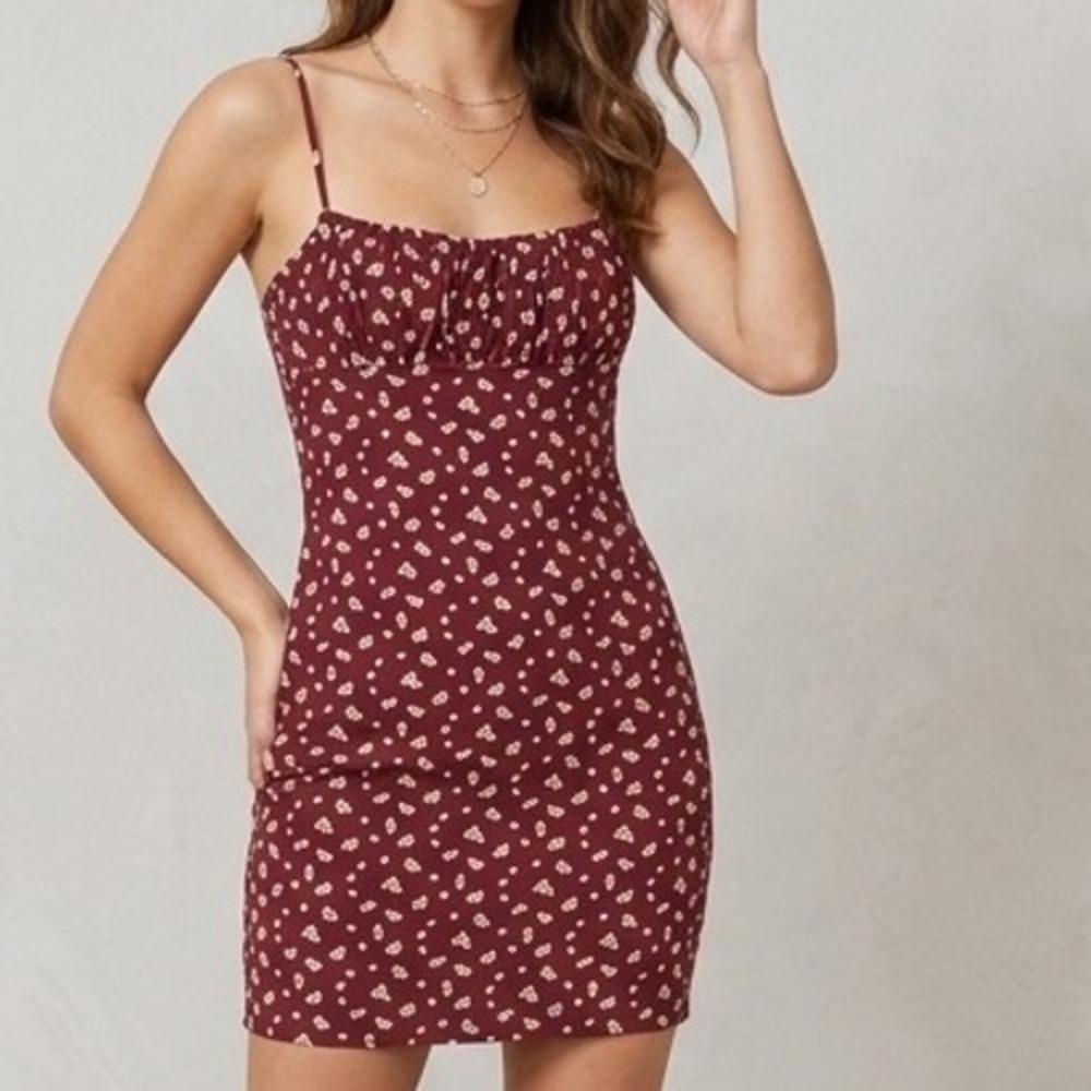 Aeropostale‎ Womens Burgundy Floral Ruched Mini Dress Spaghetti Strap 3519AU21 S